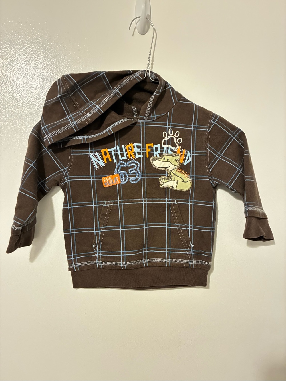 Wonderkids Brown Plaid Hooded Sweatshirt with Fox Patch